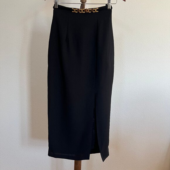 Top World Size S Black Gold-Tone Chain-Link Embellished Front Slit Maxi Skirt - Picture 1 of 9